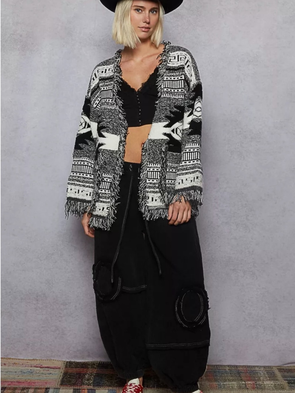 POL Open Front Geometric Print Cardigan With Fringe Detail-Multi-Black
